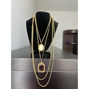 Vintage Victorian 1950s GOLDETTE 4Strand Amethyst Glass Pendant, Locket Necklace